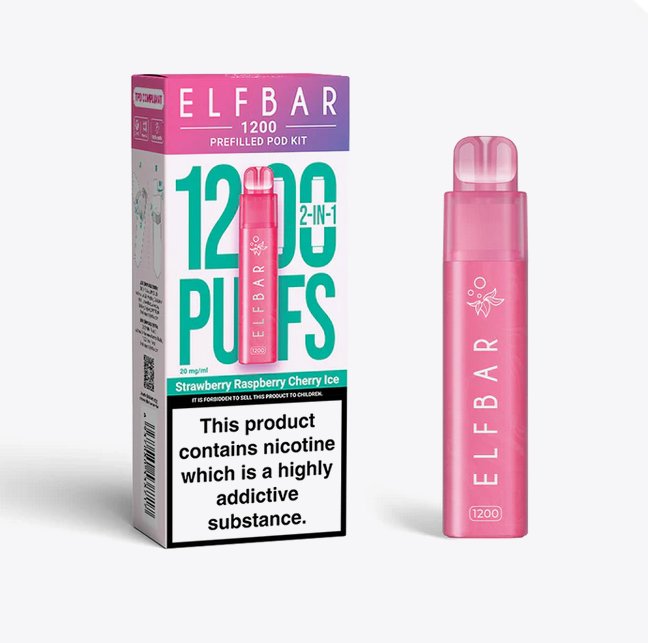 bulk wholesale 2 in 1 Elfbar 1200 Puffs Prefilled Pod Kit Box of 5 - Strawberry Raspberry Cherry Ice