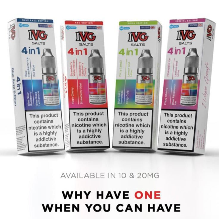 4 in 1 IVG Nic Salt 10ml E-liquids 4 Flavours ( Pack of 5) - Bulk Wholesale Price 4 in 1 IVG Nic Salt 10ml E-liquids 4 Flavours ( Pack of 5) - Bulk Wholesale Price