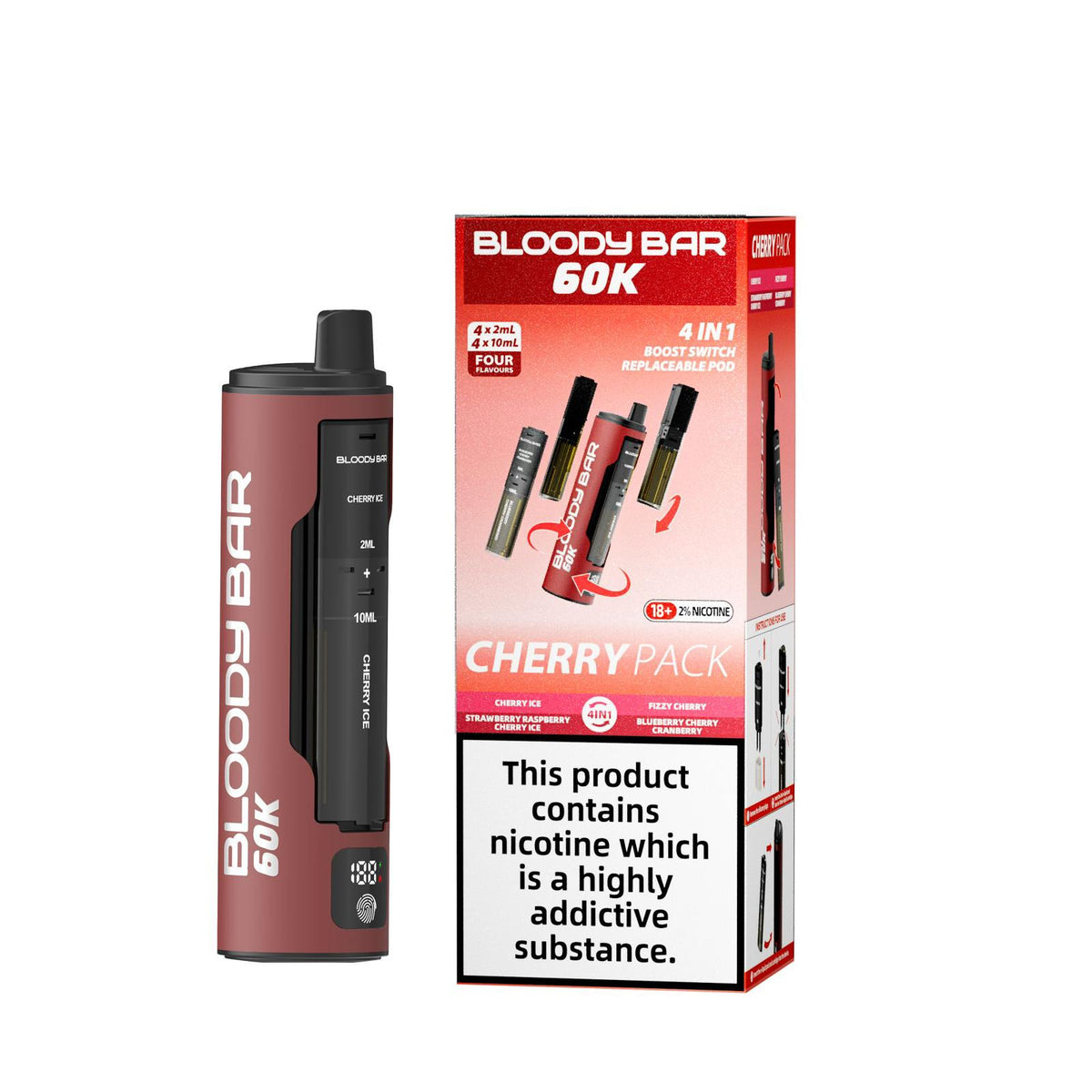 bulk wholesale Bloody Bar 60k Prefilled 4 In 1 Pod Vape Kit Box of 5 - Cherry Ice/Strawberry Raspberry Cherry Ice/Fizzy Cherry/Blueberry Cherry Cranberry