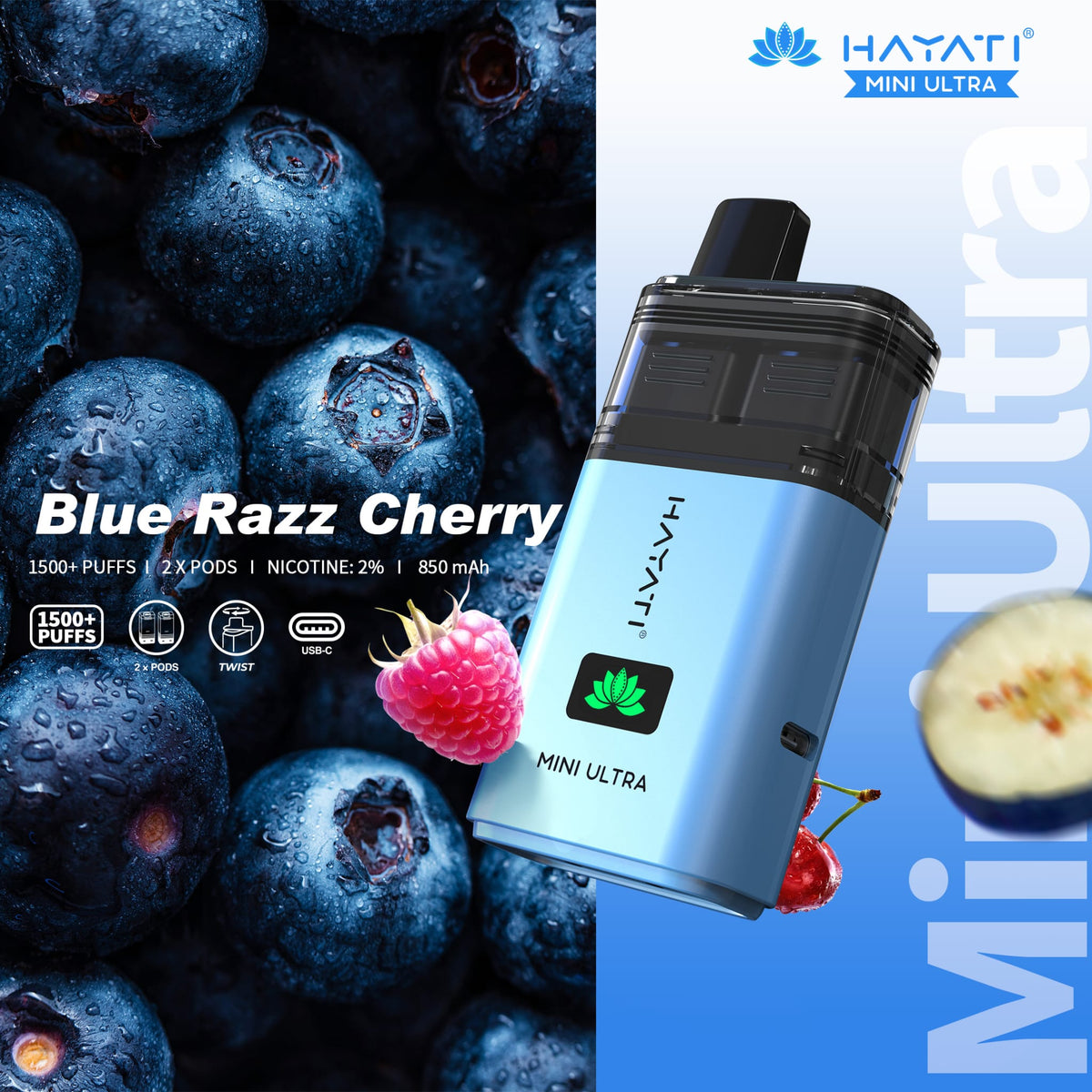 bulk wholesale Hayati Mini Ultra 1500 Prefilled Pod Vape Kit Box of 5 - Blue Razz Cherry