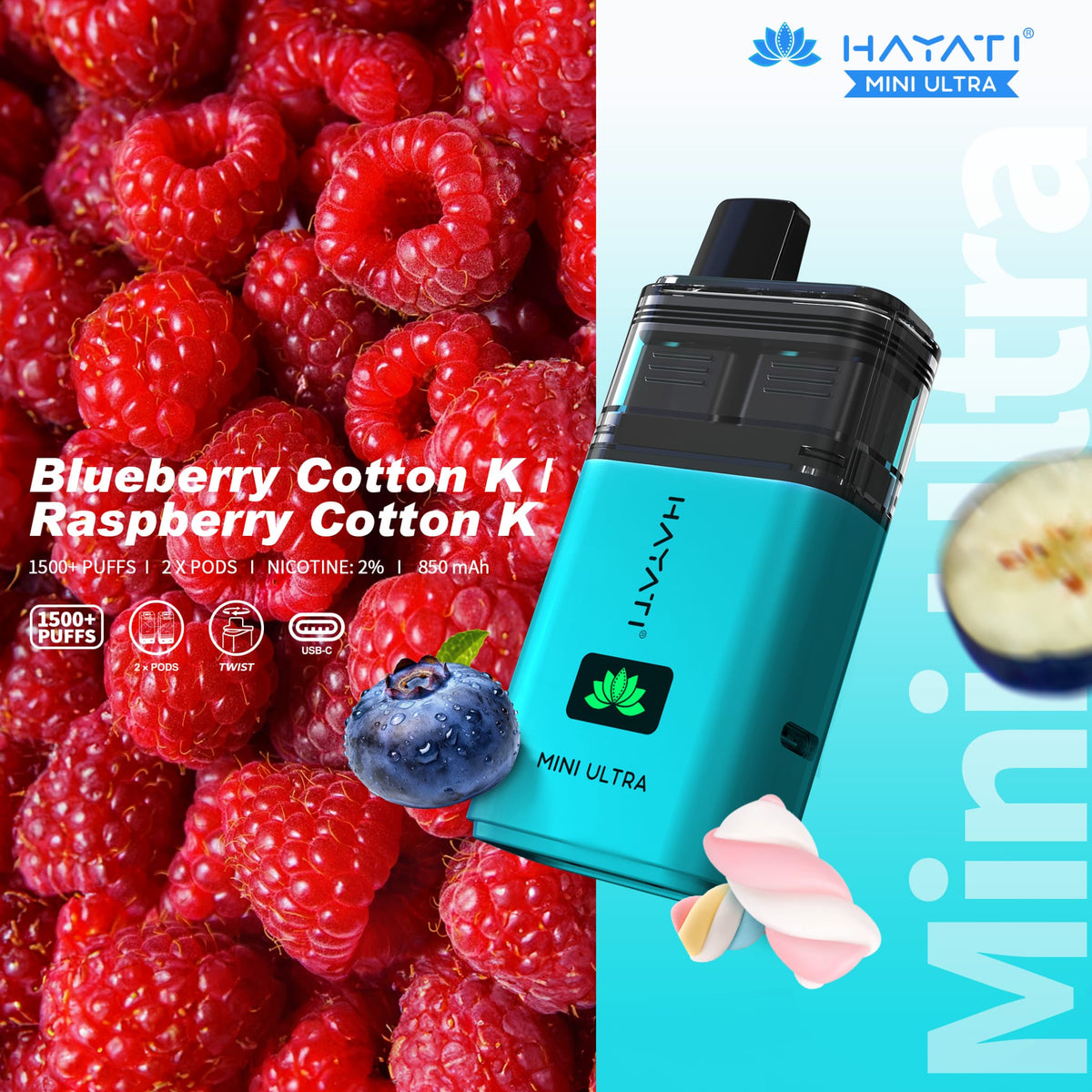 bulk wholesale Hayati Mini Ultra 1500 Prefilled Pod Vape Kit Box of 5 - Blueberry Cotton K / Raspberry Cotton K
