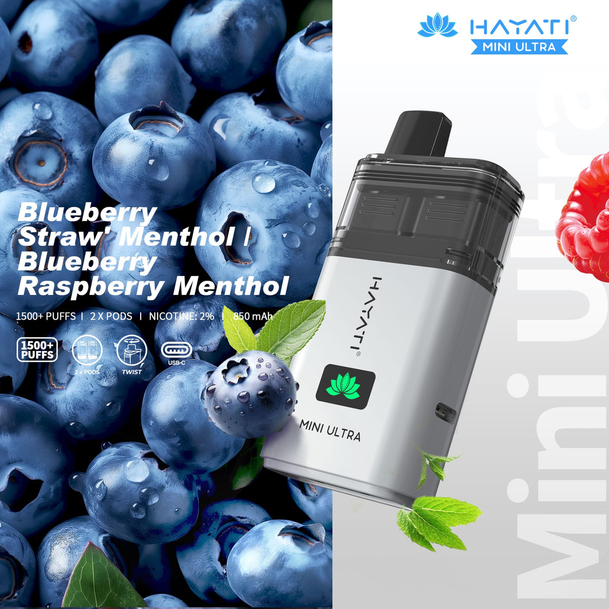 bulk wholesale Hayati Mini Ultra 1500 Prefilled Pod Vape Kit Box of 5 - Blueberry Straw' Menthol / Blueberry Raspberry Menthol