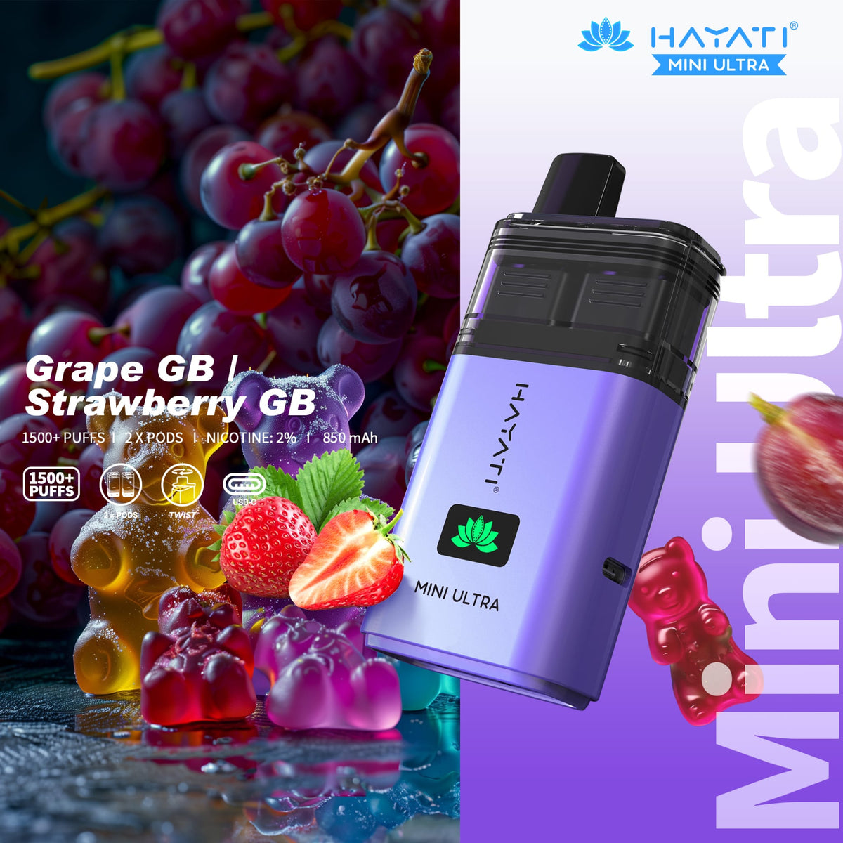 bulk wholesale Hayati Mini Ultra 1500 Prefilled Pod Vape Kit Box of 5 - Grape GB / Strawberry GB