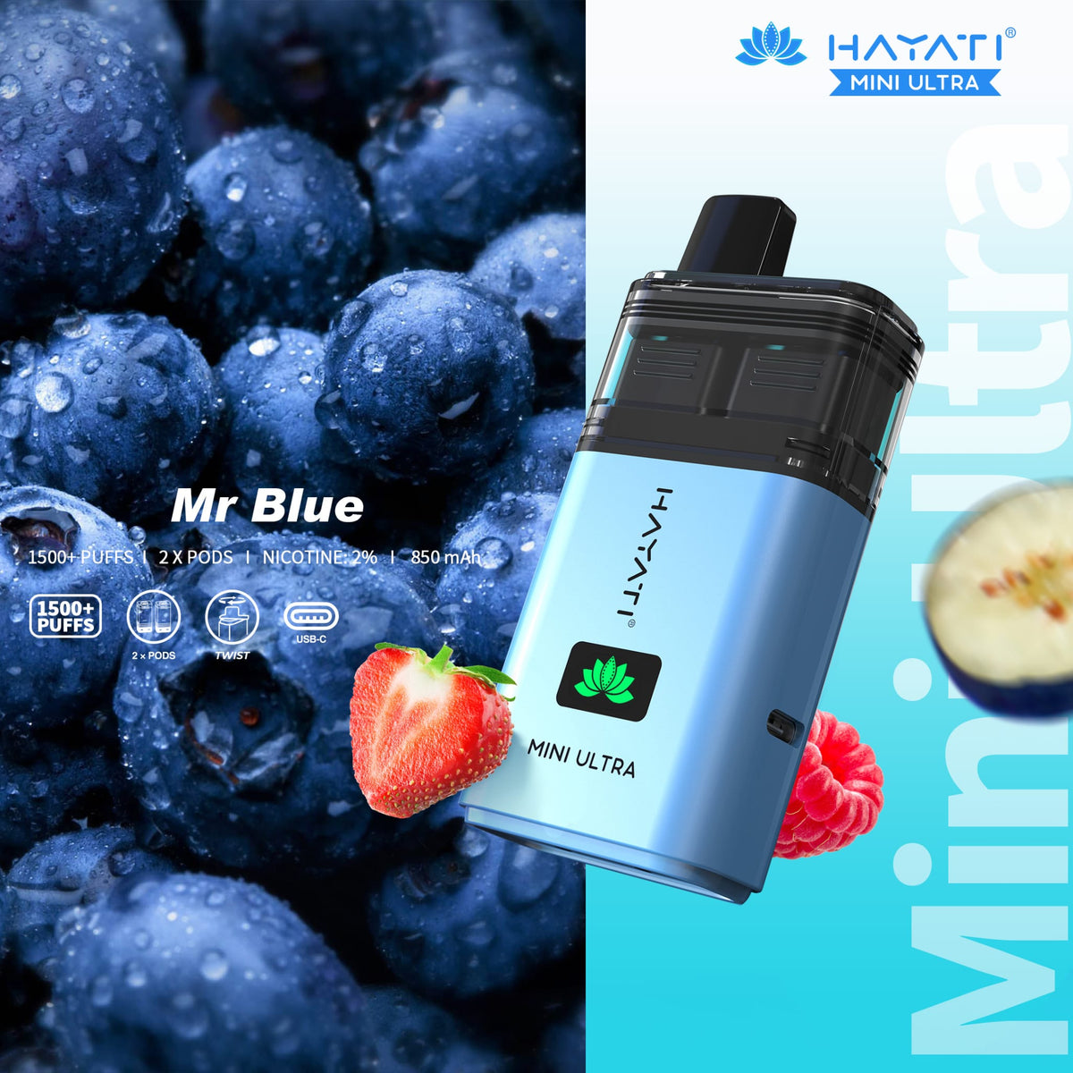 bulk wholesale Hayati Mini Ultra 1500 Prefilled Pod Vape Kit Box of 5 - Mr Blue