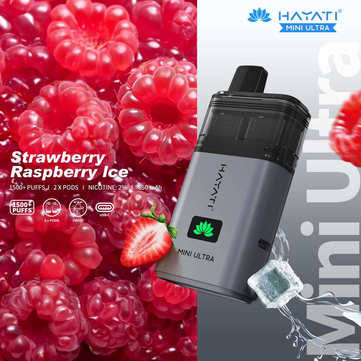 bulk wholesale Hayati Mini Ultra 1500 Prefilled Pod Vape Kit Box of 5 - Strawberry Raspberry Ice