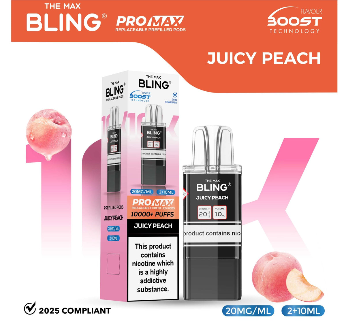 bulk wholesale The Bling 10k Pro Max Replacement Pods (BOX OF 5) - Juicy Peach