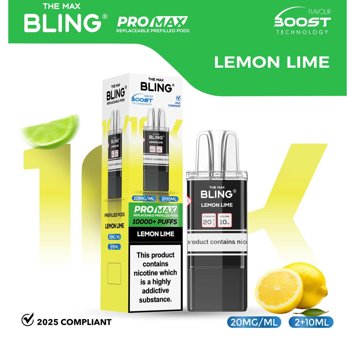 bulk wholesale The Bling 10k Pro Max Replacement Pods (BOX OF 5) - Lemon Lime