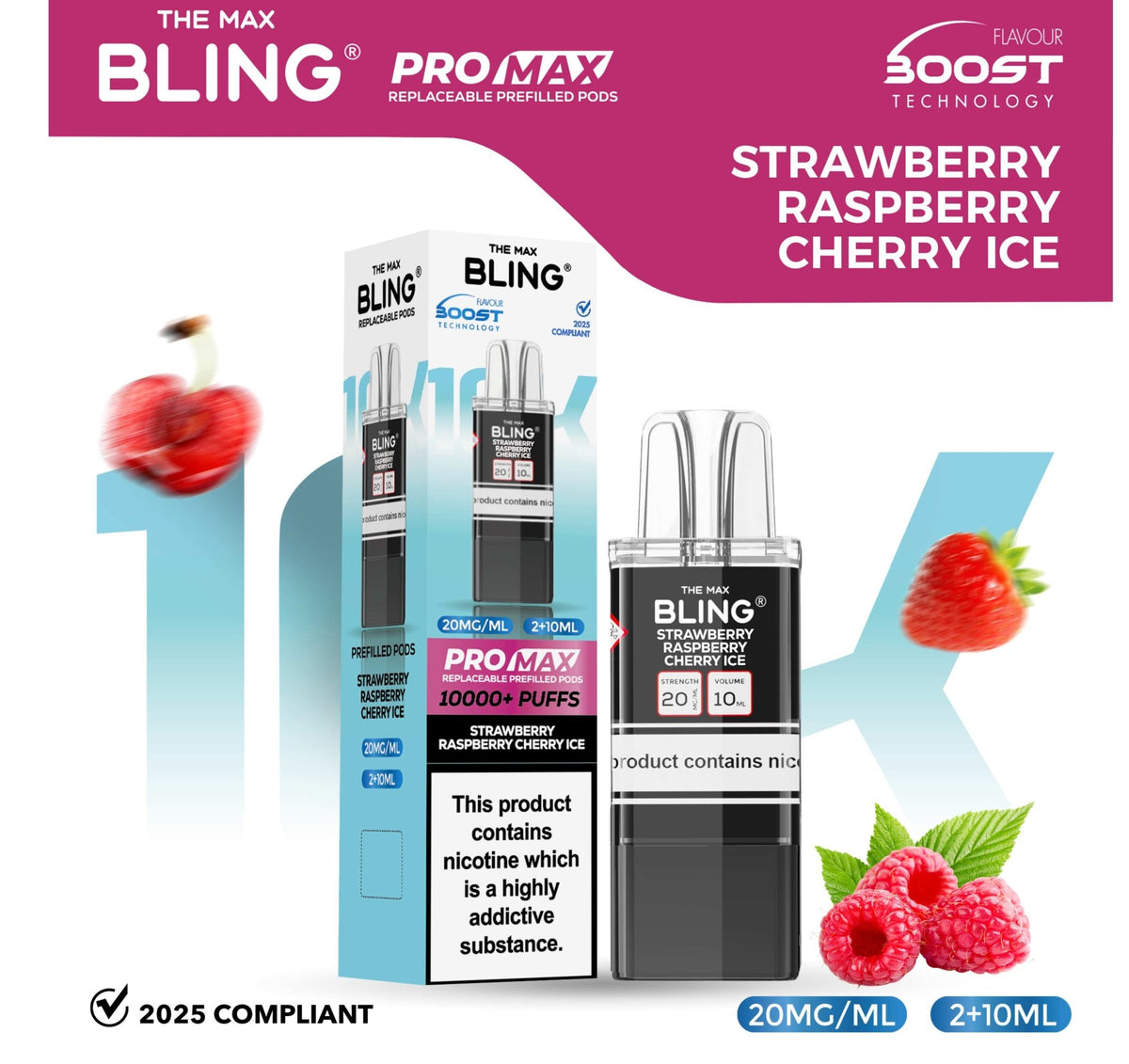 bulk wholesale The Bling 10k Pro Max Replacement Pods (BOX OF 5) - Strawberry Raspberry Cherry Ice