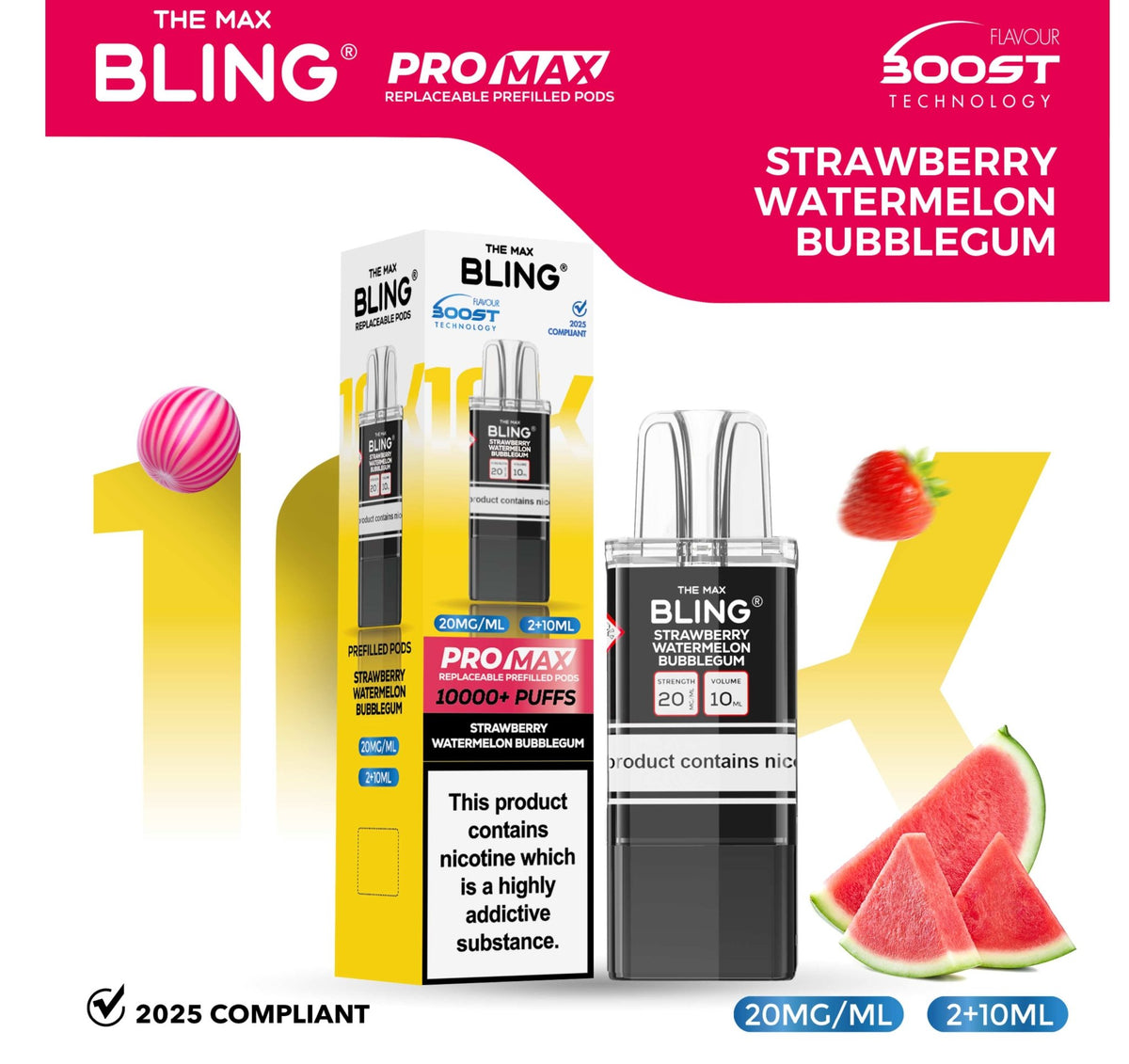 bulk wholesale The Bling 10k Pro Max Replacement Pods (BOX OF 5) - Strawberry Watermelon Bubble Gum