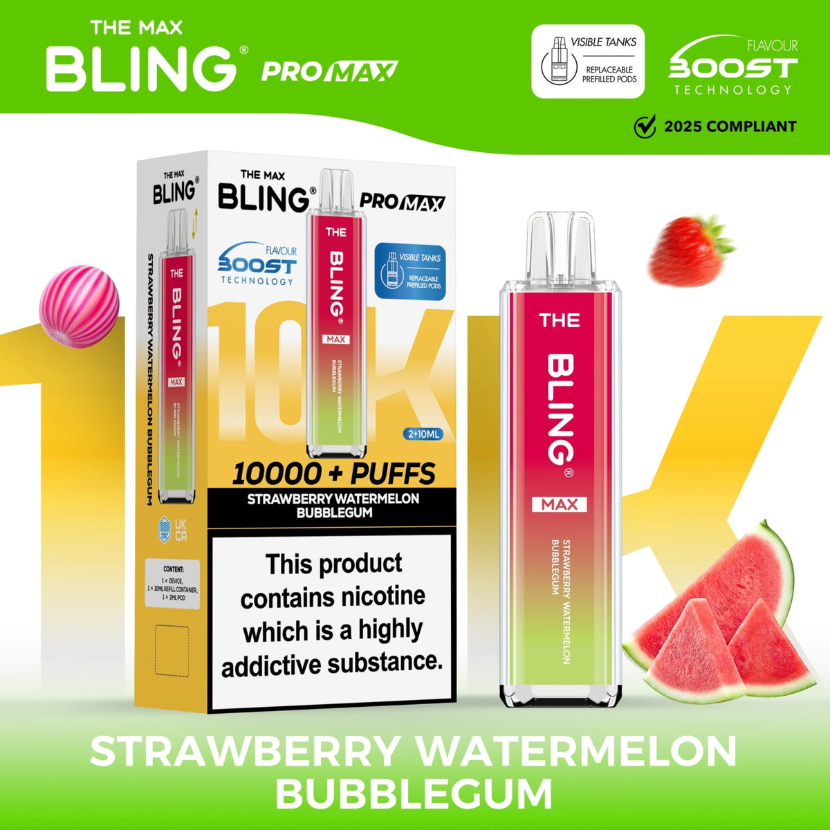 bulk wholesale The Crystal Bling Max 10000 Pod Kit Box of 5 - Strawberry Watermelon Bubble Gum