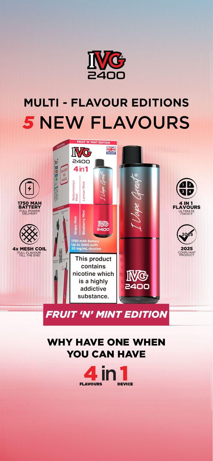 bulk wholesale IVG 2400 Disposable Vape Pod Puff Bar Device Box of 5 - Fruit & Mint Edition - Multi Flavour 4 in 1 *New*