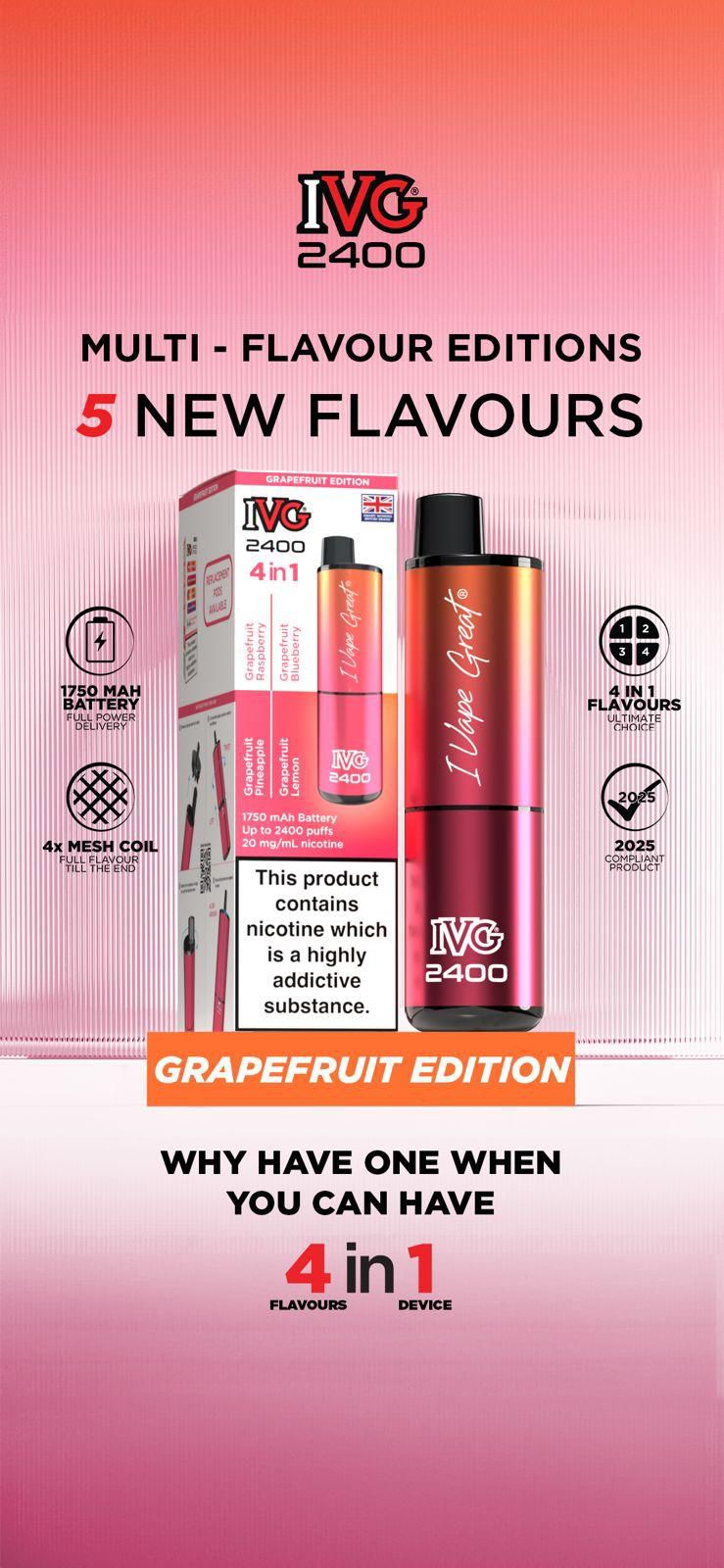 bulk wholesale IVG 2400 Disposable Vape Pod Puff Bar Device Box of 5 - Grapefruit Edition - Multi Flavour 4 in 1 *New*