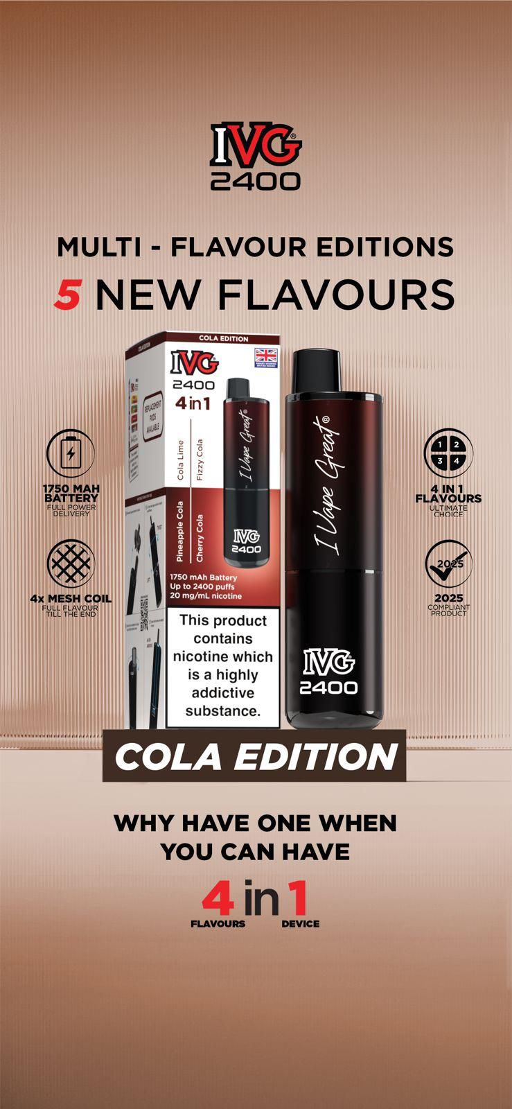 bulk wholesale IVG 2400 Disposable Vape Pod Puff Bar Device Box of 5 - Cola Edition - Multi Flavour 4 in 1 *New*