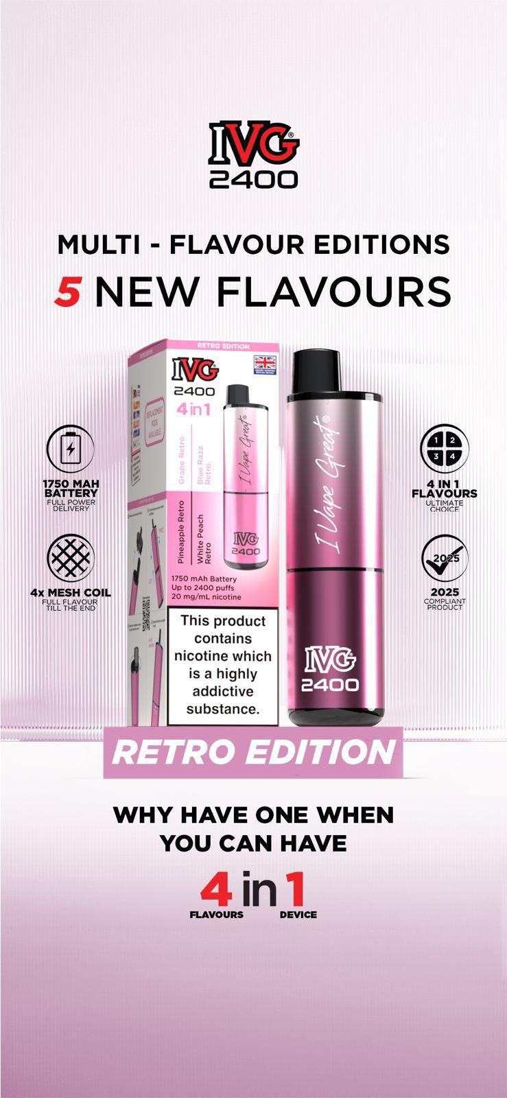 bulk wholesale IVG 2400 Disposable Vape Pod Puff Bar Device Box of 5 - Retro Edition - Multi Flavour 4 in 1 *New*