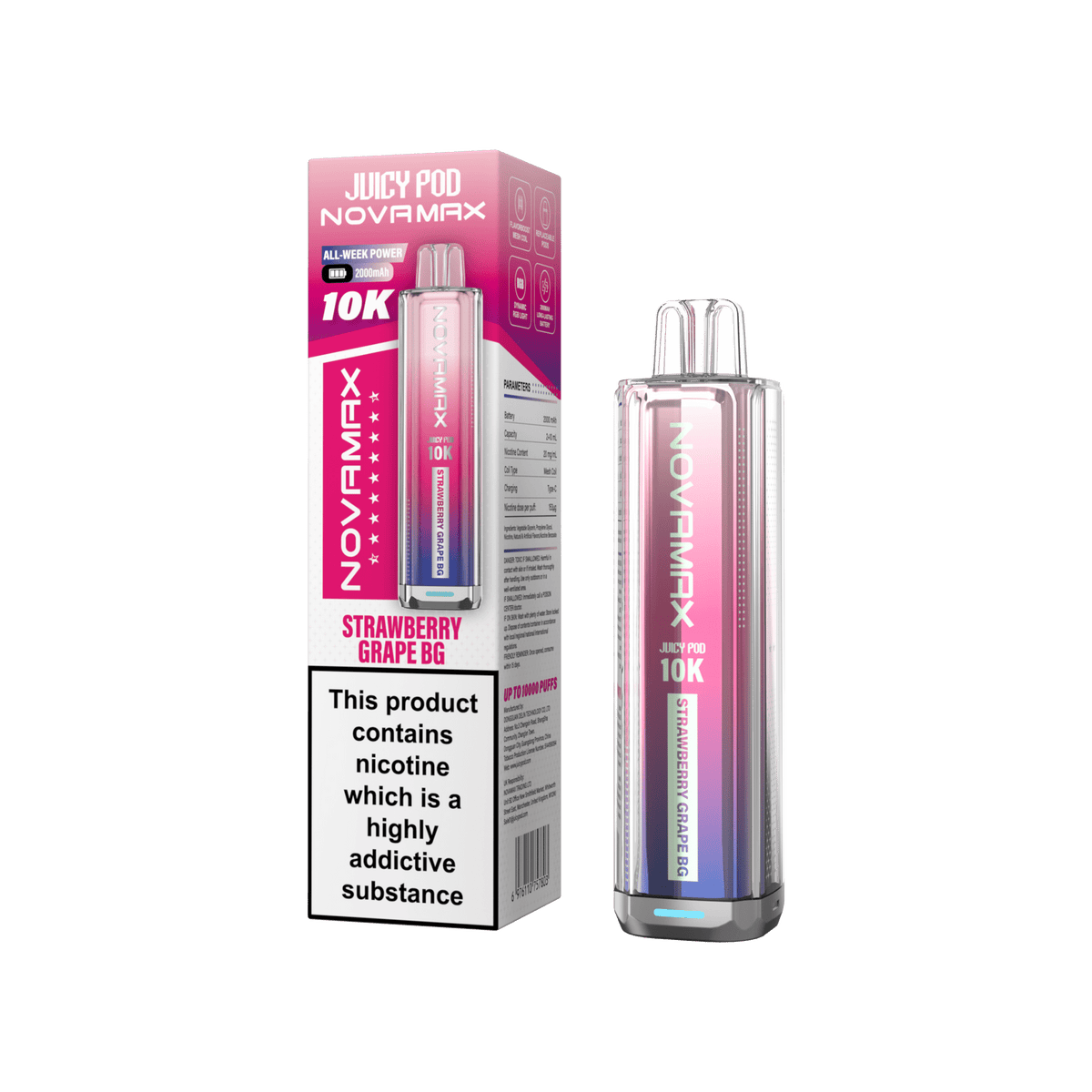 bulk wholesale Juicy Pod Novamax 10k Prefilled Vape Kit Box of 5 - Strawberry Grape BG