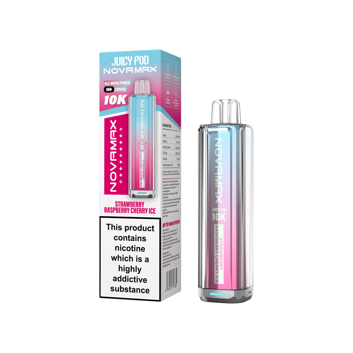 bulk wholesale Juicy Pod Novamax 10k Prefilled Vape Kit Box of 5 - Strawberry Raspberry Cherry Ice