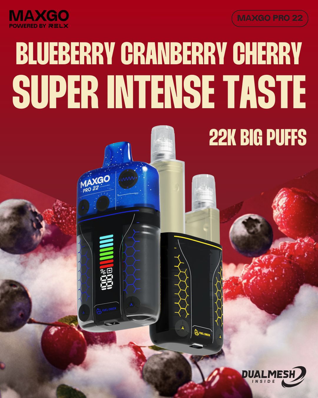 bulk wholesale RELX Maxgo Pro 22k Disposable Vape Box of 5 - Blueberry Cranberry Cherry