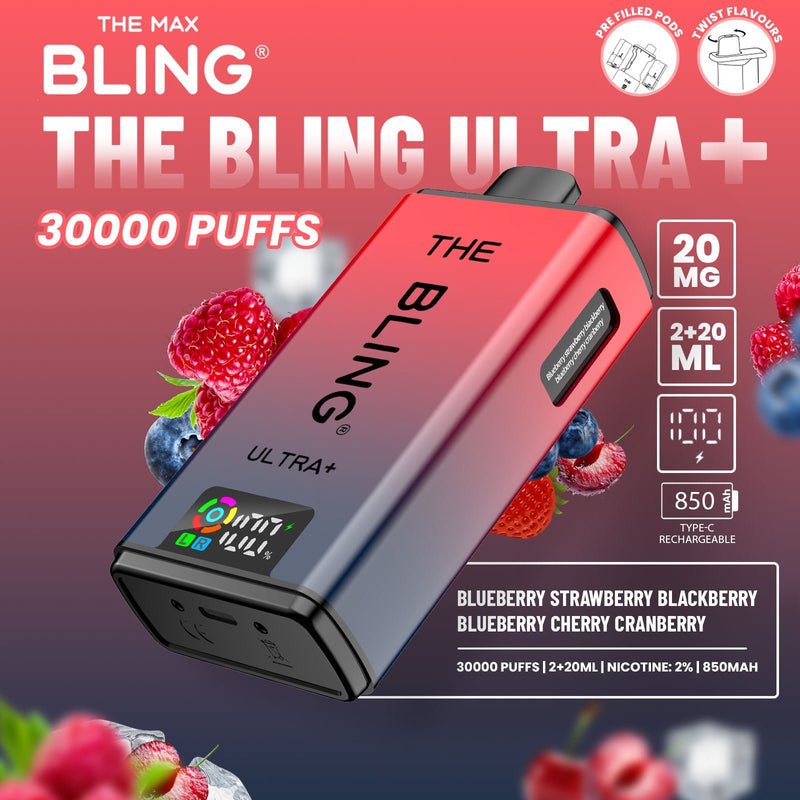 bulk wholesale The Bling Ultra Plus 30k Vape Kit Box of 5 - Blueberry Strawberry Blackberry/Blueberry Cherry Cranberry
