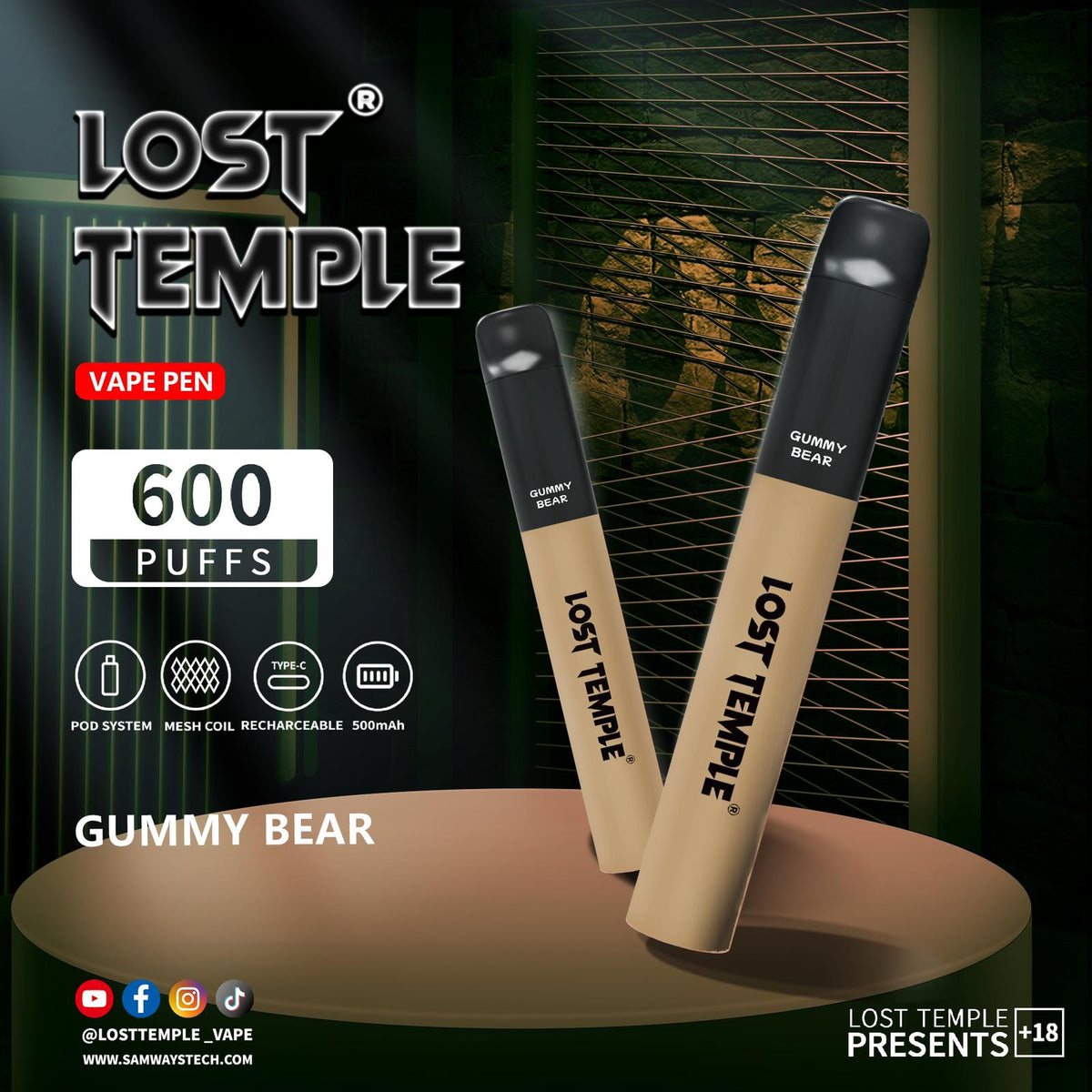 bulk wholesale Lost Temple 600 Puffs Disposable Vape Device Kit Box of 10 - Strawberry Raspberry Cherry