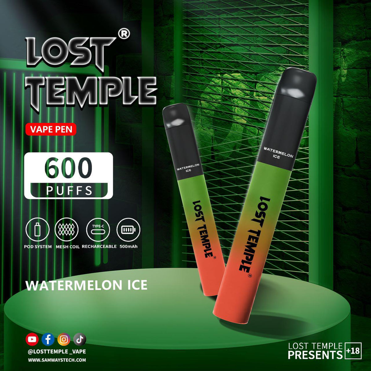 bulk wholesale Lost Temple 600 Puffs Disposable Vape Device Kit Box of 10 - Watermelon Ice