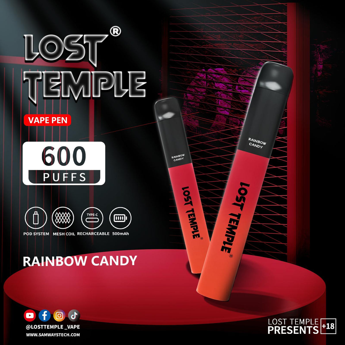 bulk wholesale Lost Temple 600 Puffs Disposable Vape Device Kit Box of 10 - Rainbow Candy