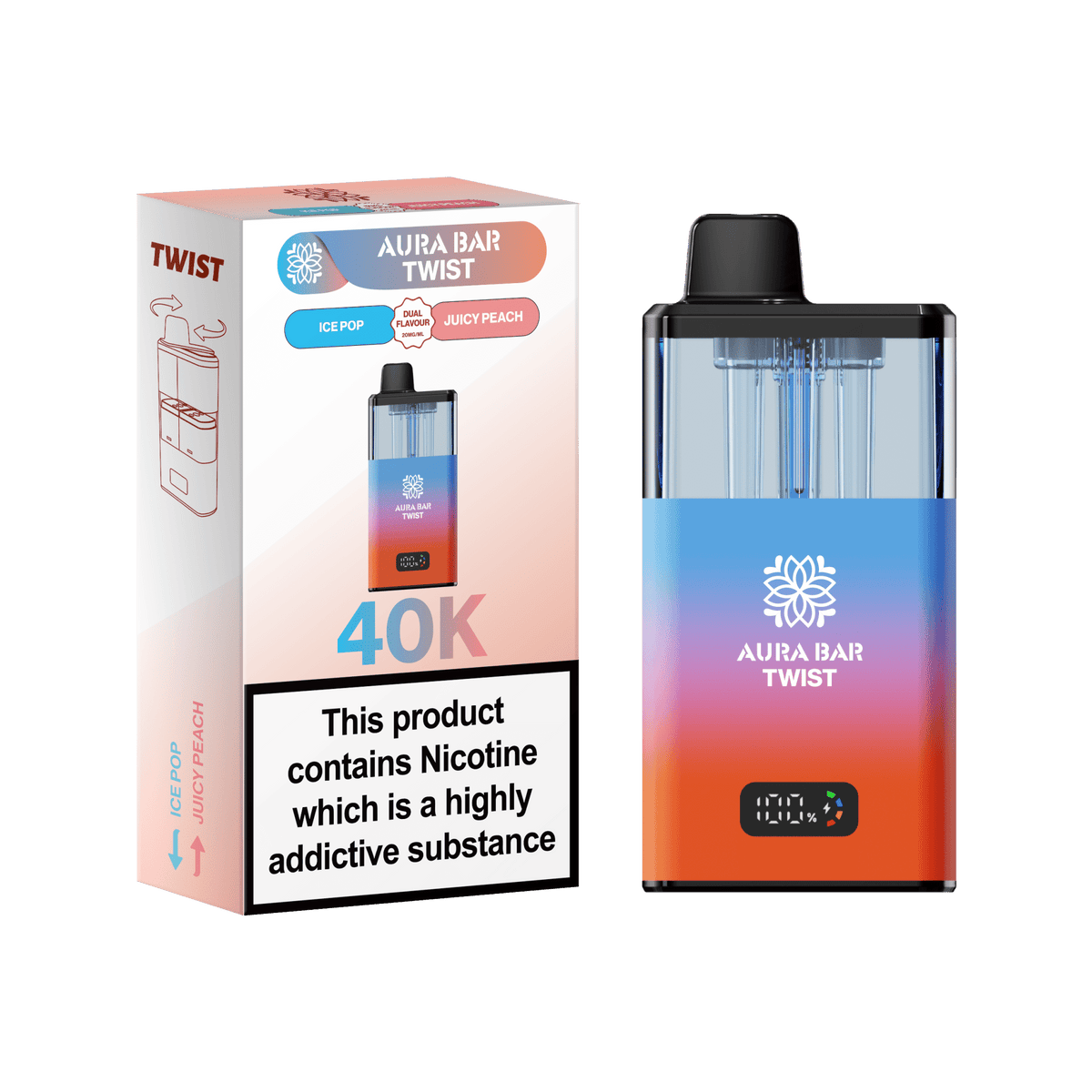 bulk wholesale Aura Bar Twist 40k Prefilled Pod Vape - Ice Pop / Juicy Peach