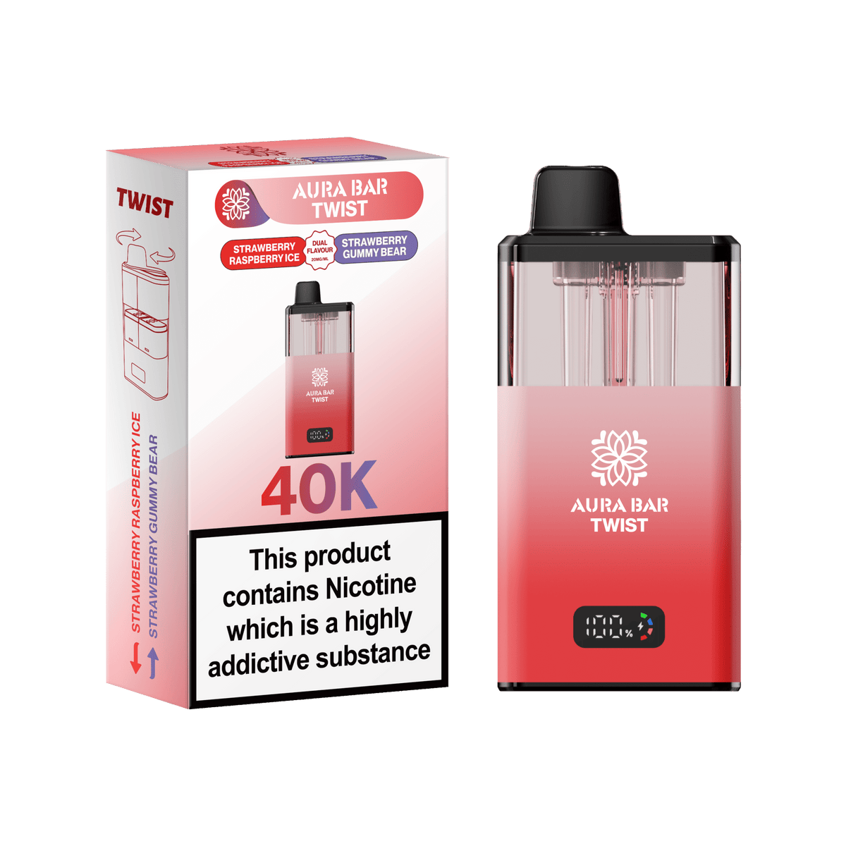 bulk wholesale Aura Bar Twist 40k Prefilled Pod Vape - Strawberry Raspberry Ice / Strawberry Gummy Bear