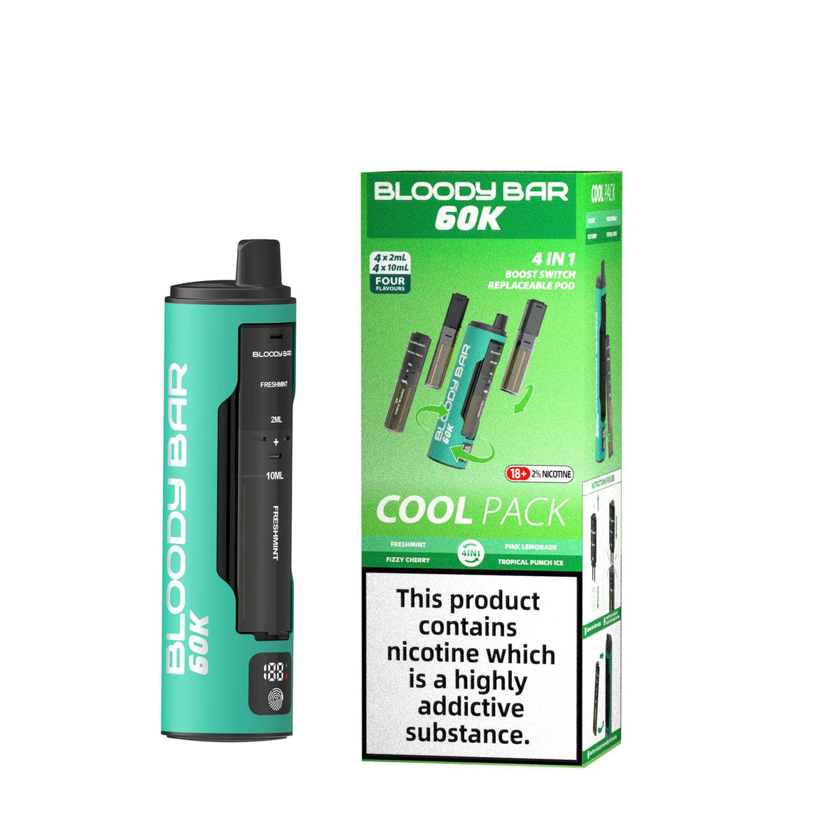 bulk wholesale Bloody Bar 60k Prefilled 4 In 1 Pod Vape Kit Box of 5 - Fresh Mint/Fizzy Cherry/Pink Lemonade/Tropical Punch Ice