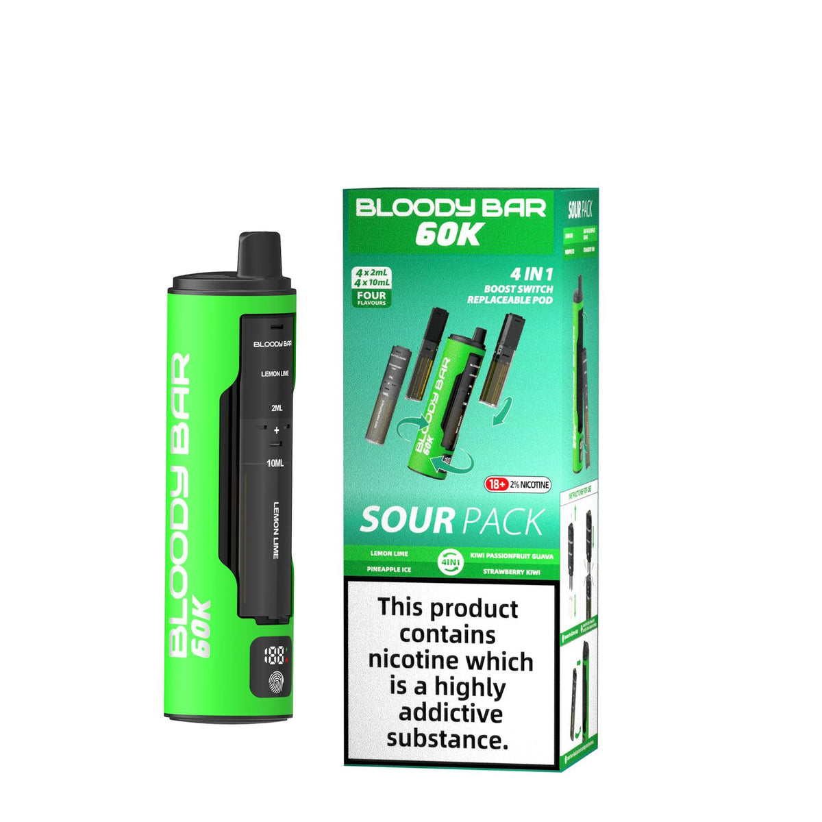 bulk wholesale Bloody Bar 60k Prefilled 4 In 1 Pod Vape Kit Box of 5 - Lemon Lime/Pineapple Ice/Kiwi Passionfruit Guava/Strawberry Kiwi