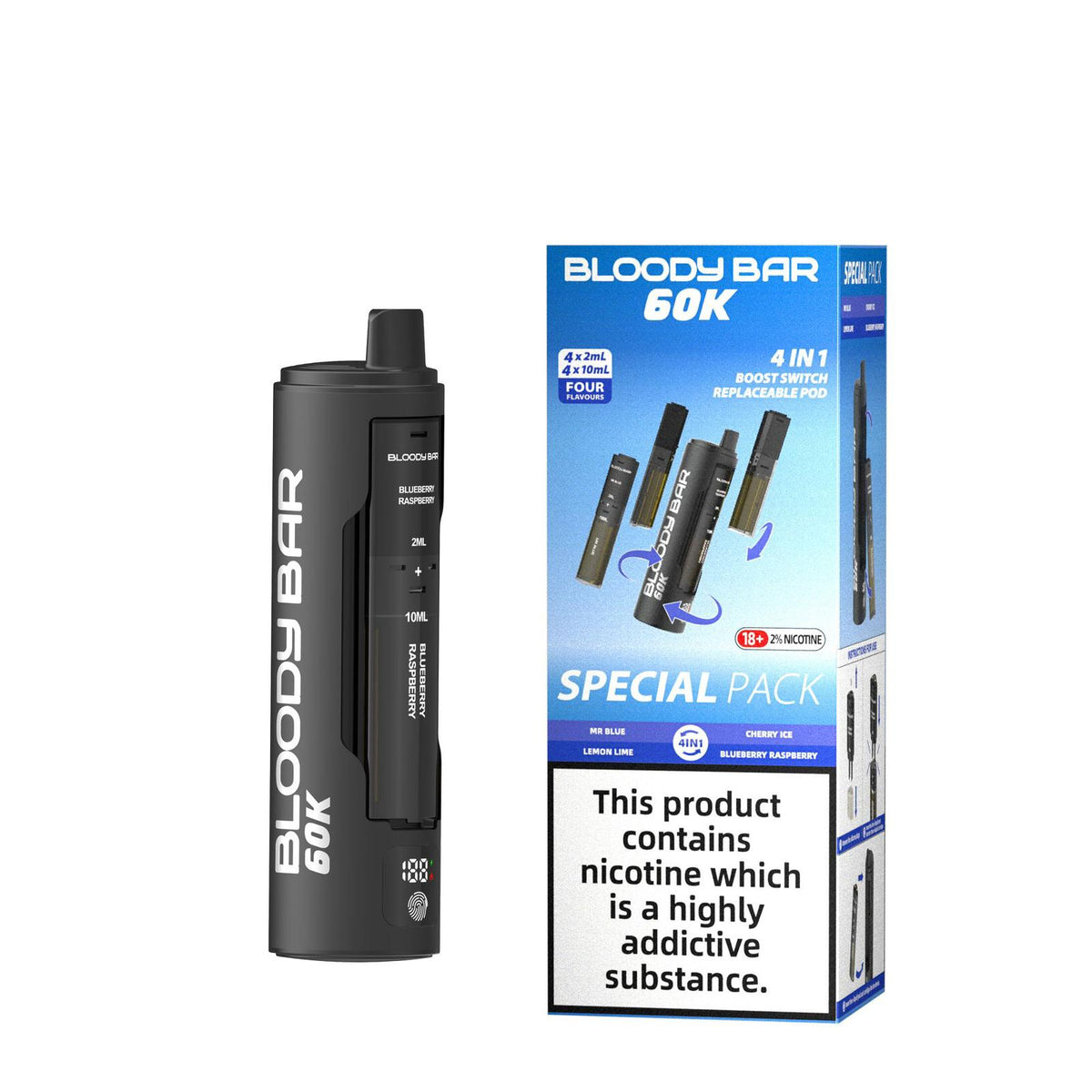 bulk wholesale Bloody Bar 60k Prefilled 4 In 1 Pod Vape Kit Box of 5 - Mr Blue/Lemon Lime/Cherry Ice/Blueberry Raspberry