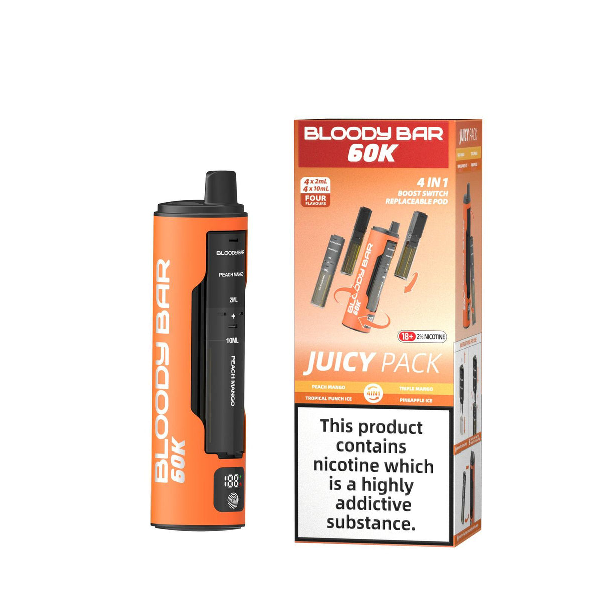 bulk wholesale Bloody Bar 60k Prefilled 4 In 1 Pod Vape Kit Box of 5 - Peach Mango/Tropical Punch Ice/Triple Mango/Pineapple Ice