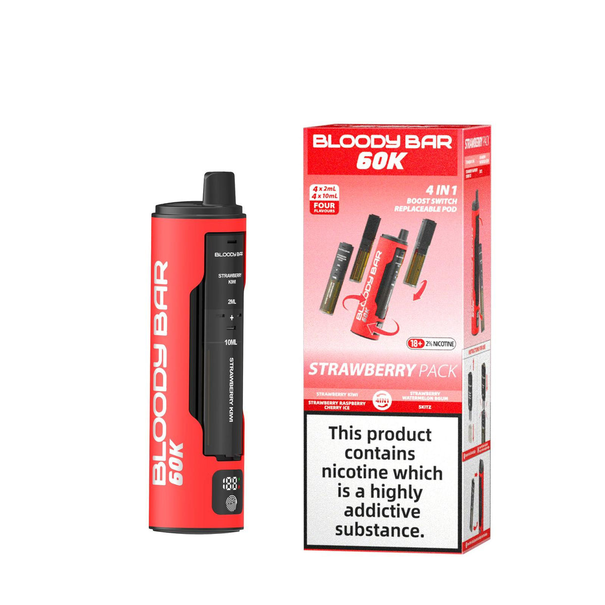 bulk wholesale Bloody Bar 60k Prefilled 4 In 1 Pod Vape Kit Box of 5 - Strawberry Kiwi/Strawberry Raspberry Cherry Ice/Strawberry Watermelon BGum/Skittz