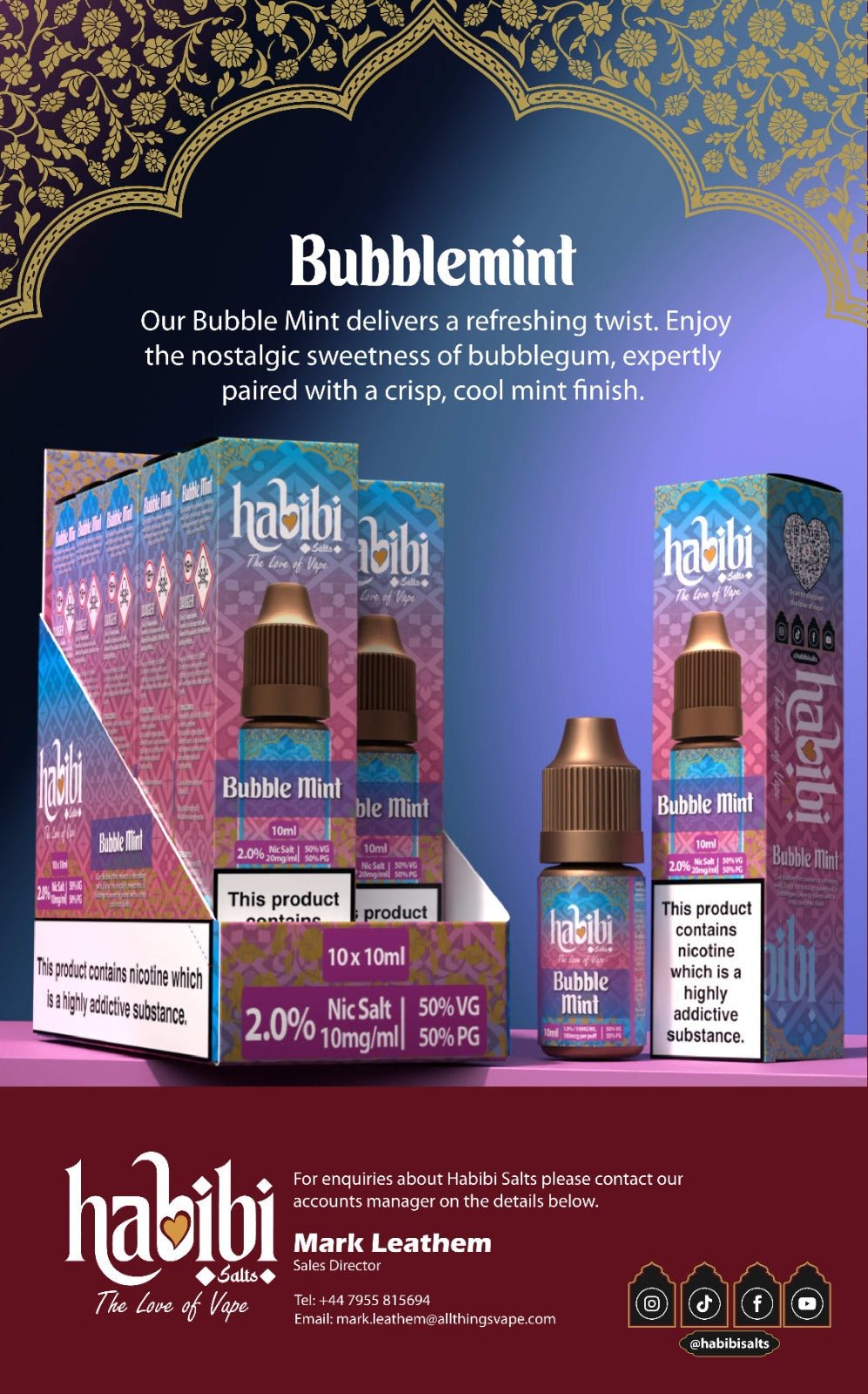 bulk wholesale Habibi Salts Nic Salt 10ml E - Liquid Box of 10 - Bubblemint