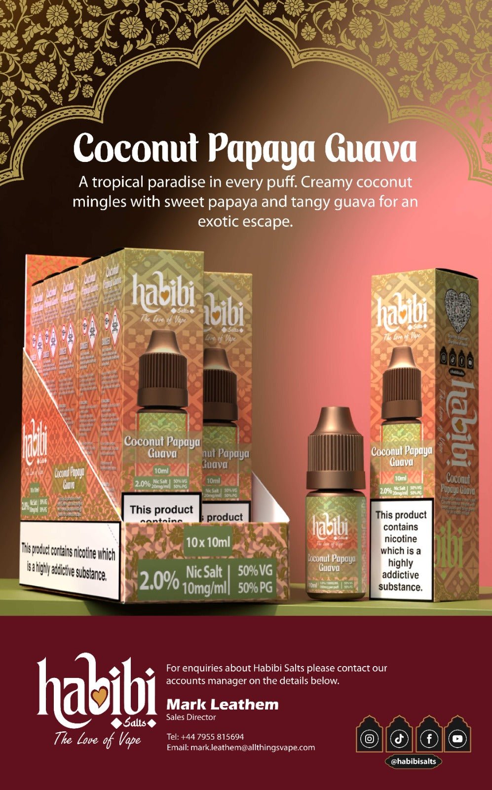 bulk wholesale Habibi Salts Nic Salt 10ml E - Liquid Box of 10 - Coconut Papaya Guava