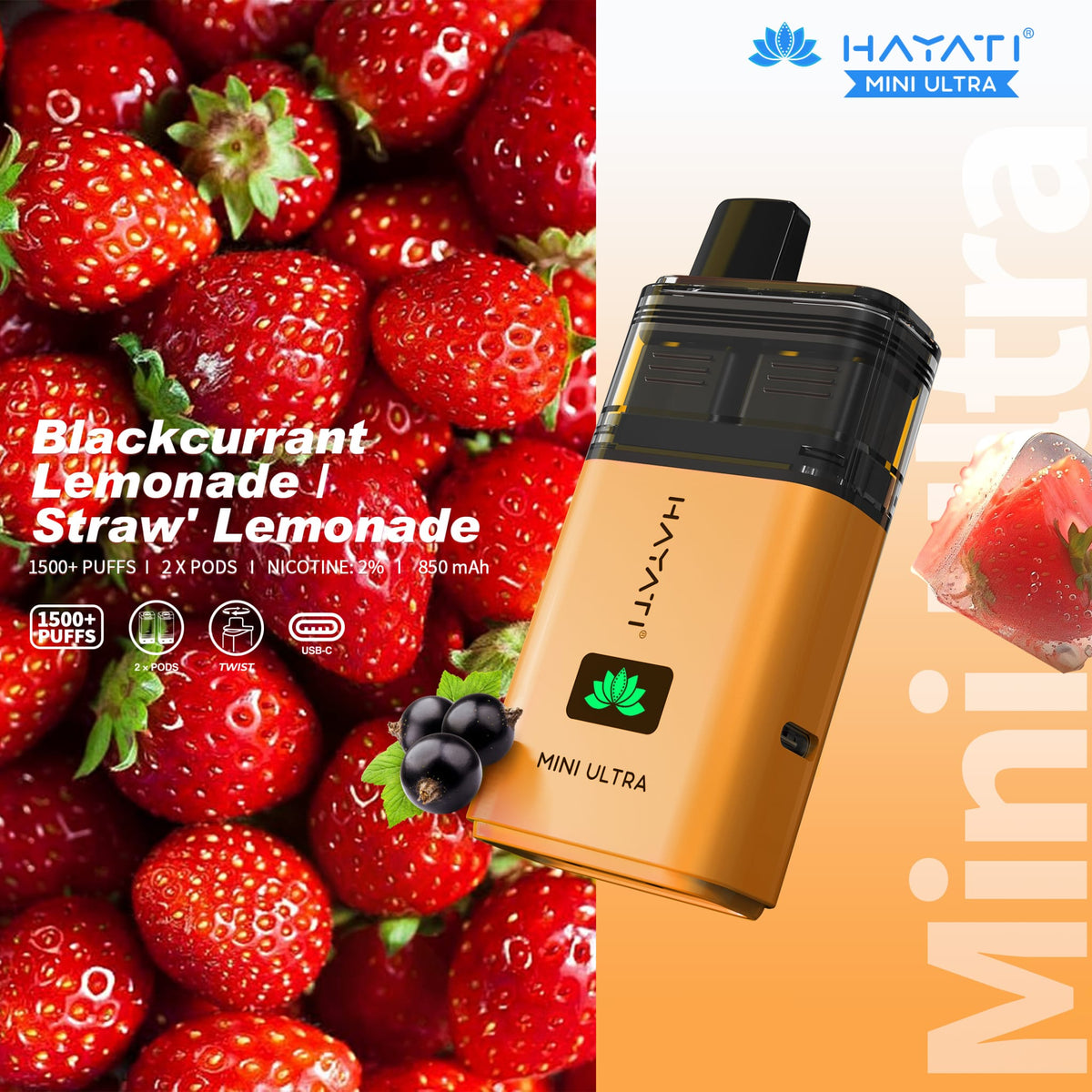 bulk wholesale Hayati Mini Ultra 1500 Prefilled Pod Vape Kit Box of 5 - Blackcurrant Lemonade / Straw Lemonade
