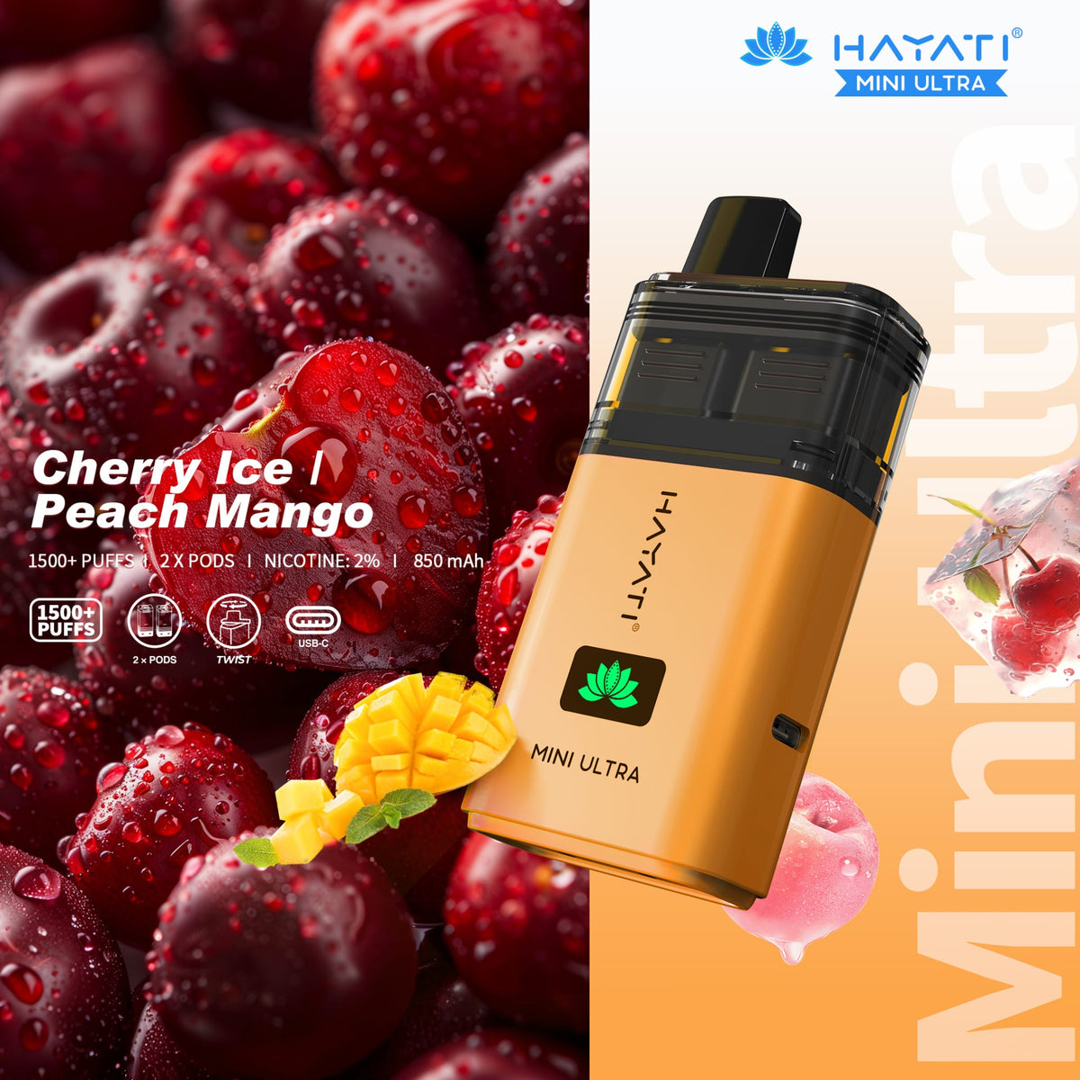 bulk wholesale Hayati Mini Ultra 1500 Prefilled Pod Vape Kit Box of 5 - Cherry Ice / Peach Mango