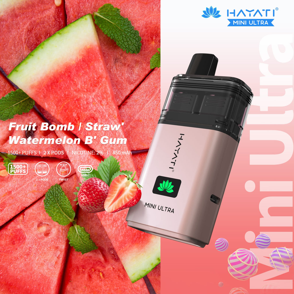bulk wholesale Hayati Mini Ultra 1500 Prefilled Pod Vape Kit Box of 5 - Fruit Bomb / Straw' Watermelon B' Gum