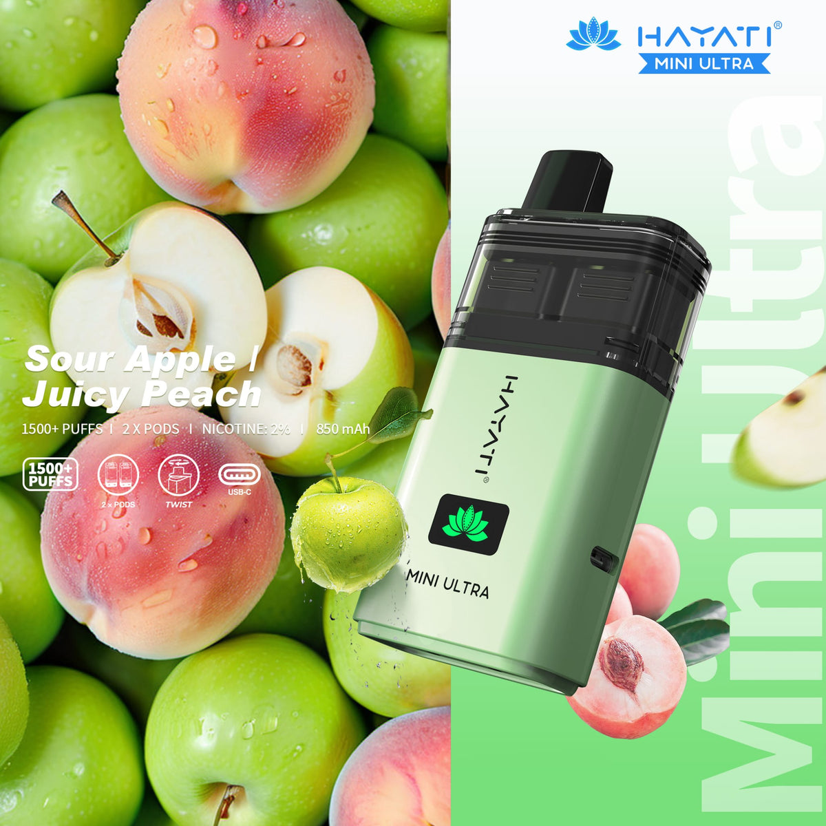 bulk wholesale Hayati Mini Ultra 1500 Prefilled Pod Vape Kit Box of 5 - Sour Apple / Juicy Peach