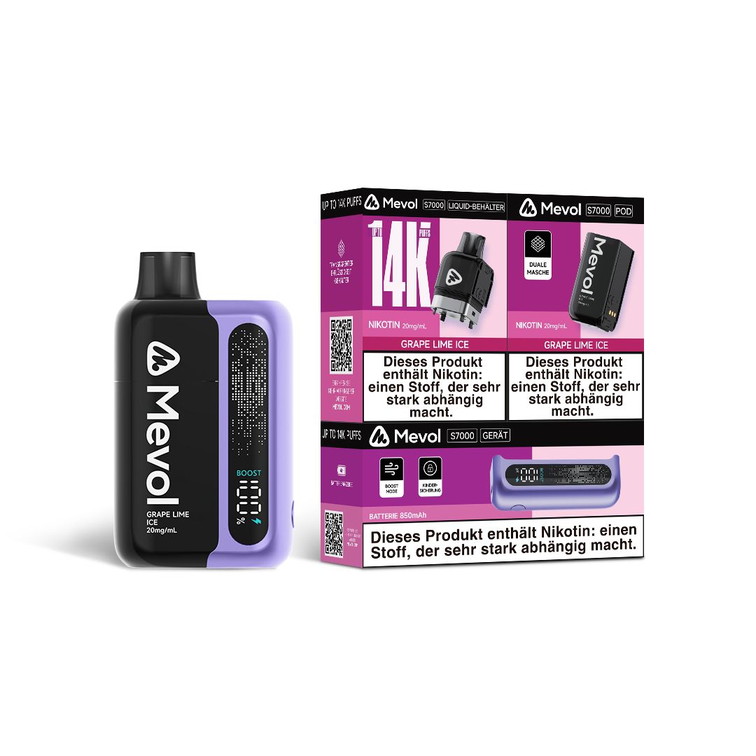 bulk wholesale Mevol S7000 Prefilled Pod Kit - 14k Puffs Box of 5 - Grape Lime Ice
