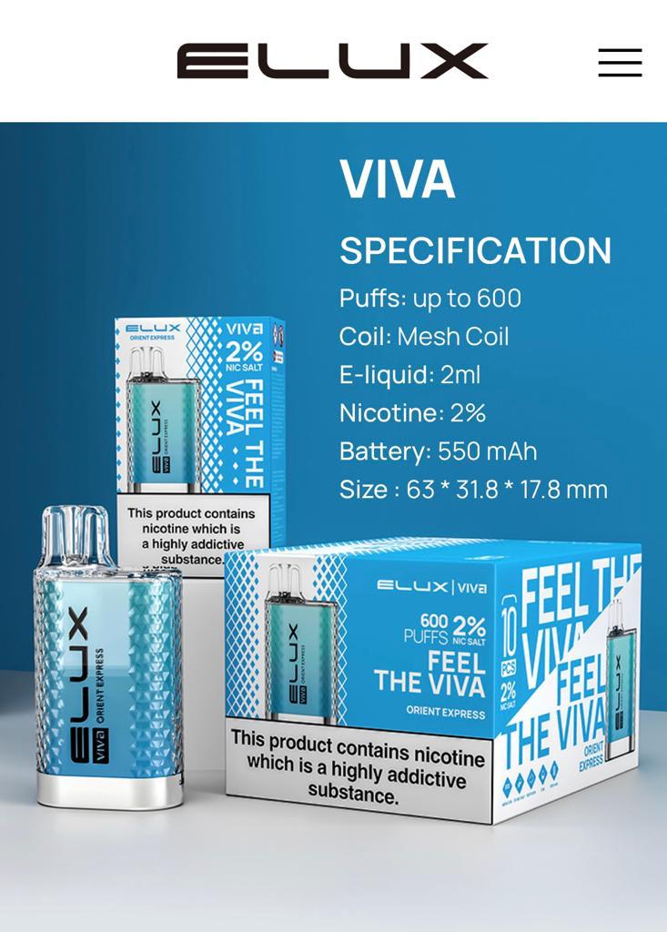 Elux Viva 600 Puffs Disposable Vape Pod Box of 10 - Mcr Vape Distro