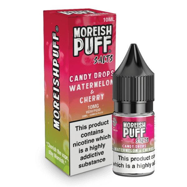 Moreish Puff Watermelon and Cherry Candy Drops Nic Salt 10ml - Box of 10 - Mcr Vape Distro